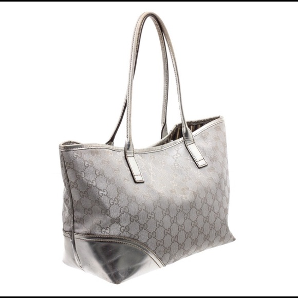 Gucci Metallic Silver GG Canvas Leather Trim Tote - Picture 2 of 8